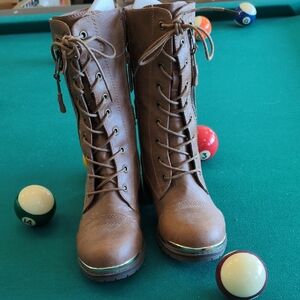 Light Brown Lace Up Knee High Boots with Rounded Toe and Sturdy Sole